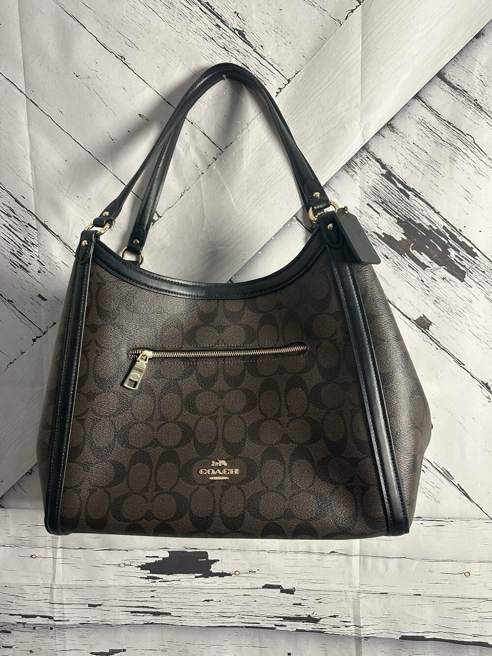 Coach Kristy Shoulder Bag Signature Canvas Brown Canvas Black Leather Trim